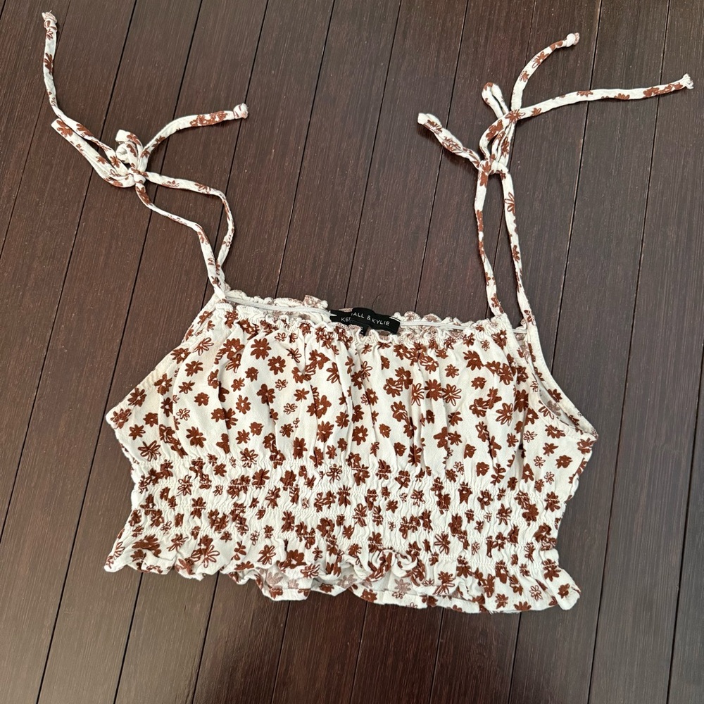 Kendall & Kylie White and Brown Floral Crop Top